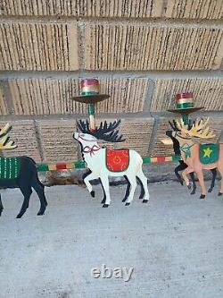 Candle Holder Santa Metal Reindeer Sleigh Metal HandPainted Christmas 32 VTG