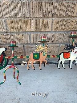 Candle Holder Santa Metal Reindeer Sleigh Metal HandPainted Christmas 32 VTG