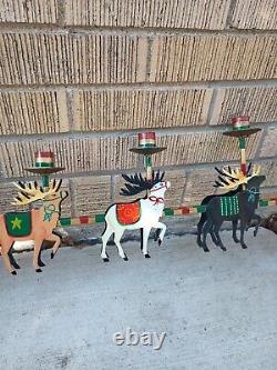 Candle Holder Santa Metal Reindeer Sleigh Metal HandPainted Christmas 32 VTG