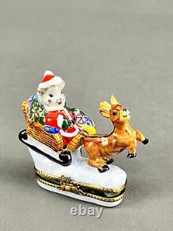Cardinet Limoges SANTA MOUSE SLEIGH & REINDEER Christmas 2 3/4 Trinket Box MINT