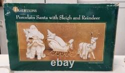 Centerpiece Traditions Porcelain Santa With Sleigh & Reindeer in Original Box