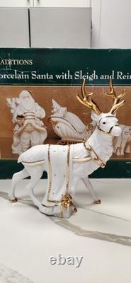 Centerpiece Traditions Porcelain Santa With Sleigh & Reindeer in Original Box