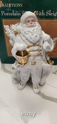 Centerpiece Traditions Porcelain Santa With Sleigh & Reindeer in Original Box