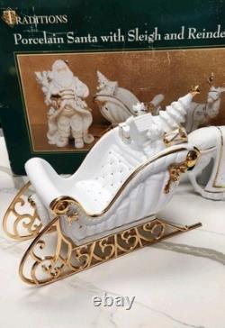 Centerpiece Traditions Porcelain Santa With Sleigh & Reindeer in Original Box