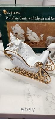 Centerpiece Traditions Porcelain Santa With Sleigh & Reindeer in Original Box