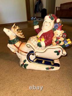 Ceramic 3D Glossy Christmas Santa Sleigh Reindeer Figurine Multicolor