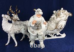 Christmas Decor Santa 10.5 in Sleigh 14 in 2 Reindeer 8 in Ivory Gold Trim