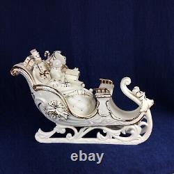 Christmas Decor Santa 10.5 in Sleigh 14 in 2 Reindeer 8 in Ivory Gold Trim