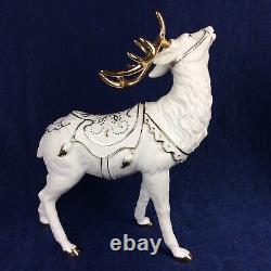 Christmas Decor Santa 10.5 in Sleigh 14 in 2 Reindeer 8 in Ivory Gold Trim