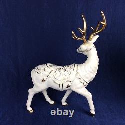 Christmas Decor Santa 10.5 in Sleigh 14 in 2 Reindeer 8 in Ivory Gold Trim