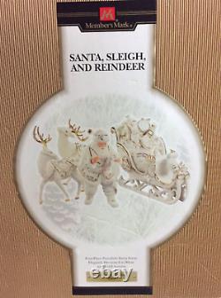 Christmas Decor Santa 10.5 in Sleigh 14 in 2 Reindeer 8 in Ivory Gold Trim