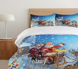 Christmas Duvet Cover Set, Santa in Sleigh Reindeer and Snowy North Pole Tale Fa