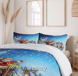 Christmas Duvet Cover Set, Santa in Sleigh Reindeer and Snowy North Pole Tale Fa