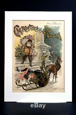 Christmas Puck 1890 SANTA CLAUS w BAG of TOYS PUCK WAITING on SLEIGH w REINDEER