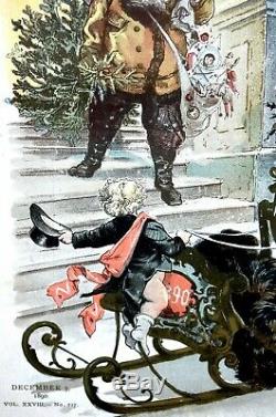 Christmas Puck 1890 SANTA CLAUS w BAG of TOYS PUCK WAITING on SLEIGH w REINDEER