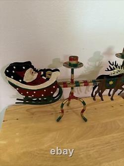 Christmas Santa Reindeer Sleigh Candle Holder Metal Painted Tole Cabin Cottage