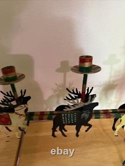 Christmas Santa Reindeer Sleigh Candle Holder Metal Painted Tole Cabin Cottage