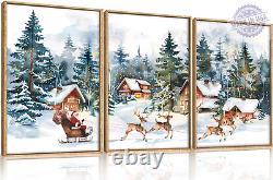 Christmas Santa Sleigh Deer Framed Canvas Wall Art Set, Christmas Reindeer Snow
