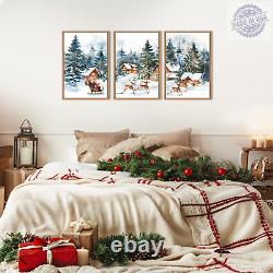 Christmas Santa Sleigh Deer Framed Canvas Wall Art Set, Christmas Reindeer Snow