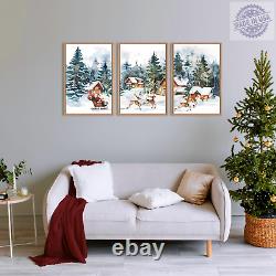 Christmas Santa Sleigh Deer Framed Canvas Wall Art Set, Christmas Reindeer Snow