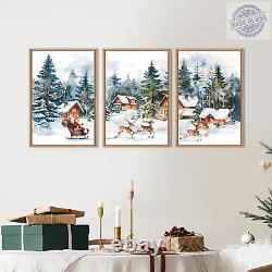Christmas Santa Sleigh Deer Framed Canvas Wall Art Set, Christmas Reindeer Snow