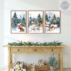 Christmas Santa Sleigh Deer Framed Canvas Wall Art Set, Christmas Reindeer Snow