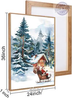 Christmas Santa Sleigh Deer Framed Canvas Wall Art Set, Christmas Reindeer Snow