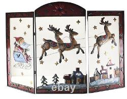 Christmas Santa Sleigh Reindeer 3D Metal Mesh 3 Panel Fireplace Screen Cover 32