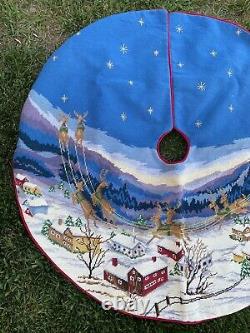 Christmas Tree Skirt Needlepoint Handmade Santa Claus Sled Reindeer Stary Sky