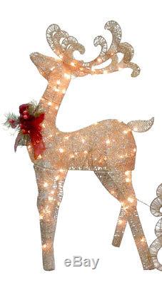Christmas Yard Ornament PreLit Reindeer Santas Sleigh Outdoor Decor Freestanding