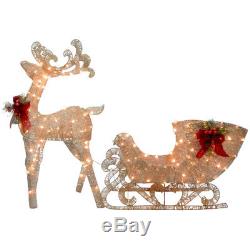 Christmas Yard Ornament PreLit Reindeer Santas Sleigh Outdoor Decor Freestanding