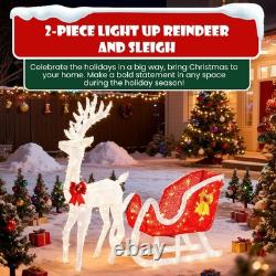 DUMOS 4 FT Lighted Christmas Reindeer & Santa Sleigh Set, Family Outdoor Indoor
