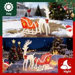 DUMOS 4 FT Lighted Christmas Reindeer & Santa Sleigh Set, Family Outdoor Indoor