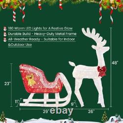 DUMOS 4 FT Lighted Christmas Reindeer & Santa Sleigh Set, Family Outdoor Indoor