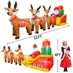 DomKom 12ft Inflatable Santa Sleigh 3 Reindeer LED Lights Outdoor Christmas Deco