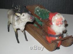 Early Old German Santa On Wood Sleigh W Reindeer