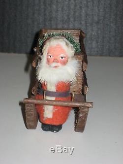 Early Old German Santa On Wood Sleigh W Reindeer