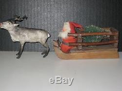 Early Old German Santa On Wood Sleigh W Reindeer