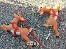 #E vintage blow mold plastic santa sleigh reindeer 2 Christmas yard lawn decor