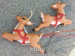 #E vintage blow mold plastic santa sleigh reindeer 2 Christmas yard lawn decor