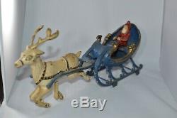 Early 1900's Hubley Santa withWhite Reindeer in blue sleigh Beautiful