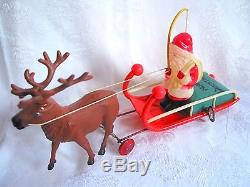 Early 1900's TROIKA Celluloid Reindeer pulling Santa in Sleigh with Original Box