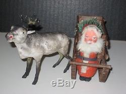 Early Old German Santa On Wood Sleigh W Reindeer