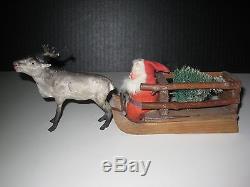 Early Old German Santa On Wood Sleigh W Reindeer