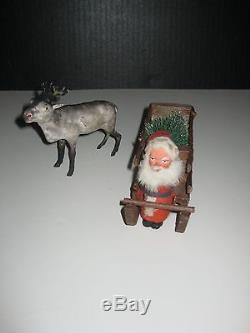 Early Old German Santa On Wood Sleigh W Reindeer