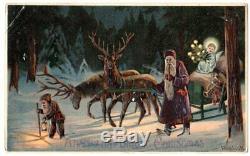 Early art Mailick postcard, Christmas, Santa, elf, reindeer, sleigh, toys, angel, tree