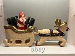 FRONTGATE Primitive Crackled Mache 20 Belsnickle Santa in Sleigh with Reindeer