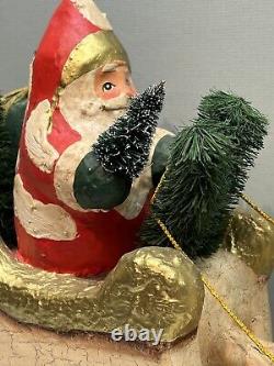 FRONTGATE Primitive Crackled Mache 20 Belsnickle Santa in Sleigh with Reindeer