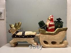 FRONTGATE Primitive Crackled Mache 20 Belsnickle Santa in Sleigh with Reindeer