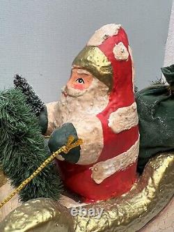 FRONTGATE Primitive Crackled Mache 20 Belsnickle Santa in Sleigh with Reindeer